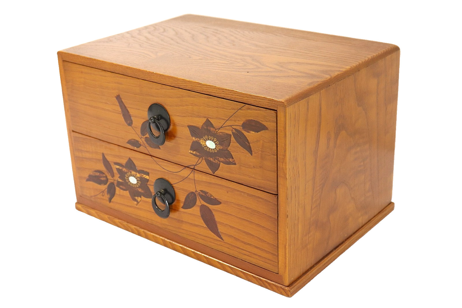 Vintage Japanese Wooden 2 Drawer Cabinet KUSACHU Clematis Flower Inlaid Chest