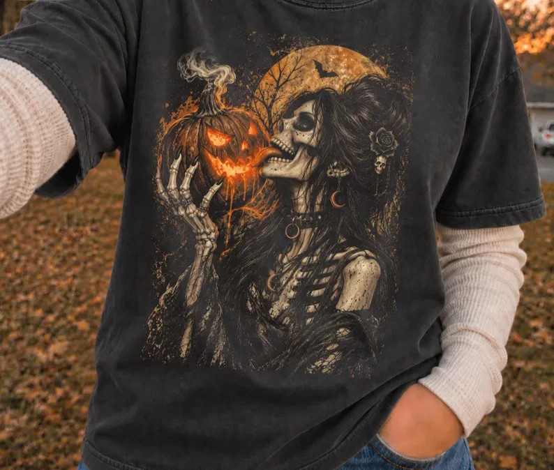 Gothic Halloween Tee for women, Vintage Skeleton Shirt, Witchy Jack O Lantern
