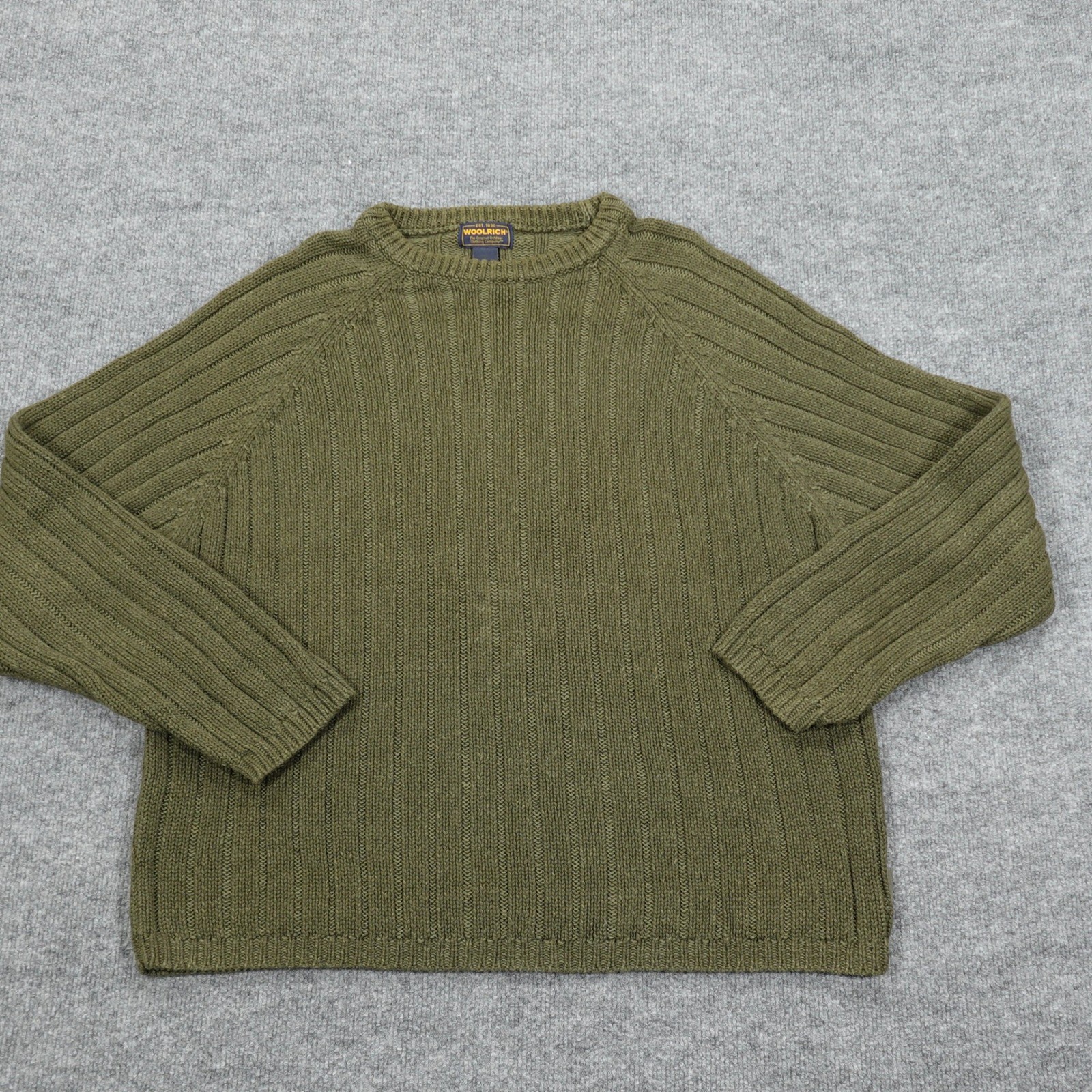 Vintage Woolrich Sweater Men Large Moss Green Ribbed Knit Ramie Cotton Crew Neck