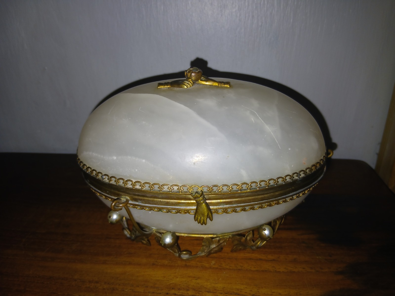 Unusual Antique Alabaster And Brass Casket Trinket Box Jewellery Box Egg Shaped 