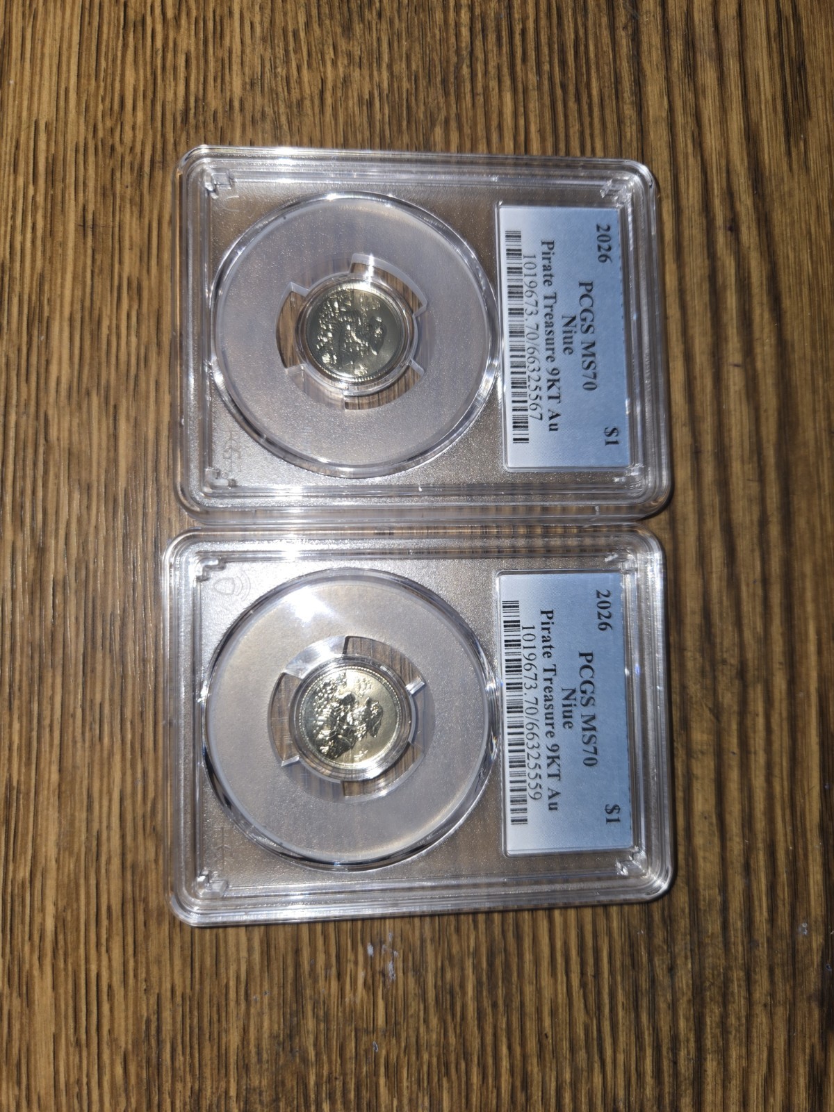 Lot of 2 2026 Niue $1 Pirate Treasure 1g 9KT Gold PCGS MS70 Coins