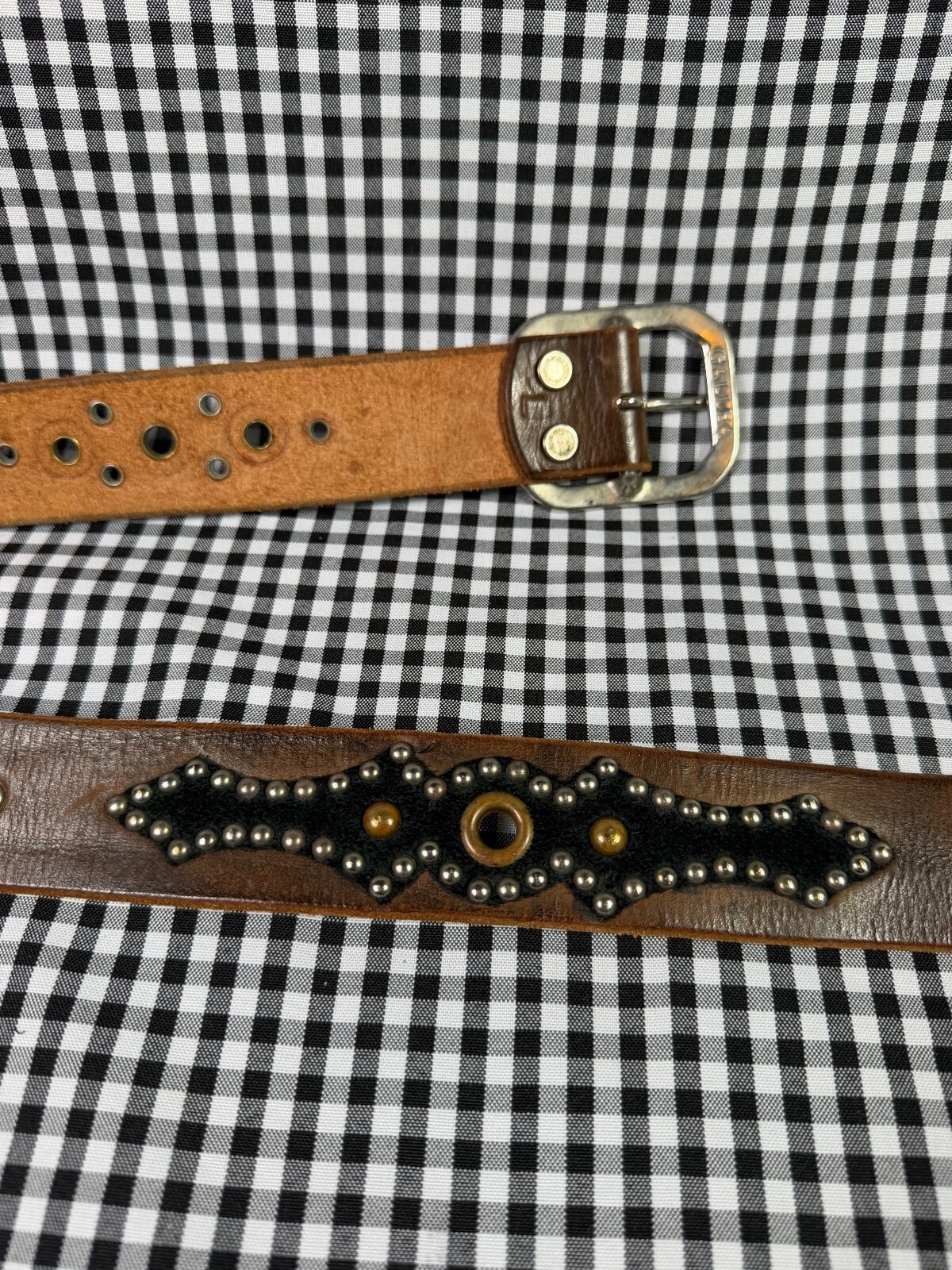 Vintage Jeff Gallea Brown Leather Studded Grommet Belt Y2K Western Boho Large