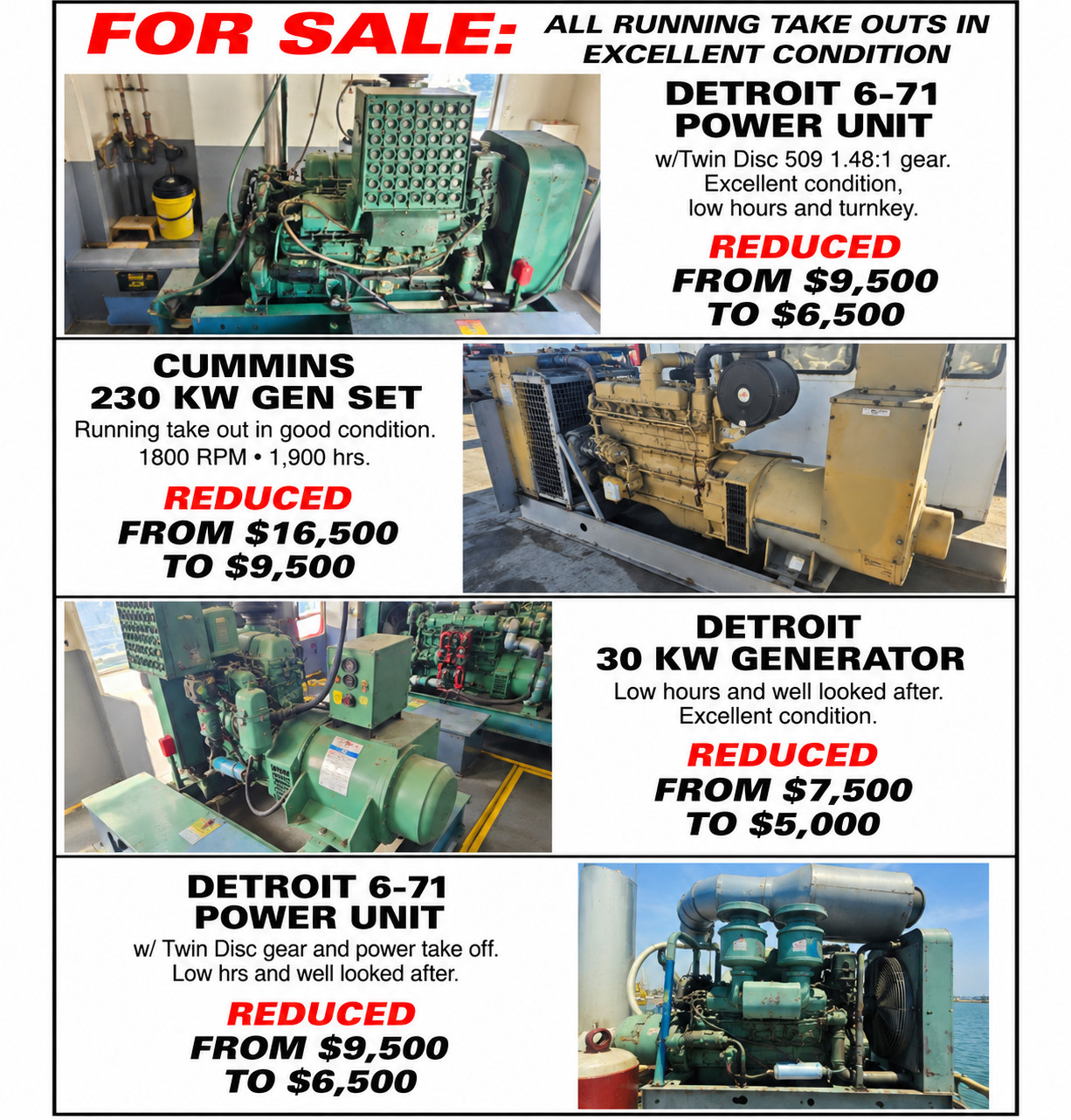 Detroit 6-71 Engines & Cummins/Detroit Diesel Generators Marine Running Take-Out