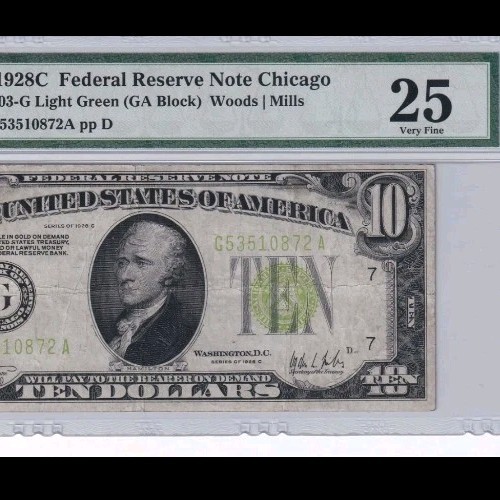1928C $10 Federal Reserve Note Chicago PMG 25 VF FR-2003-G Light Green Seal