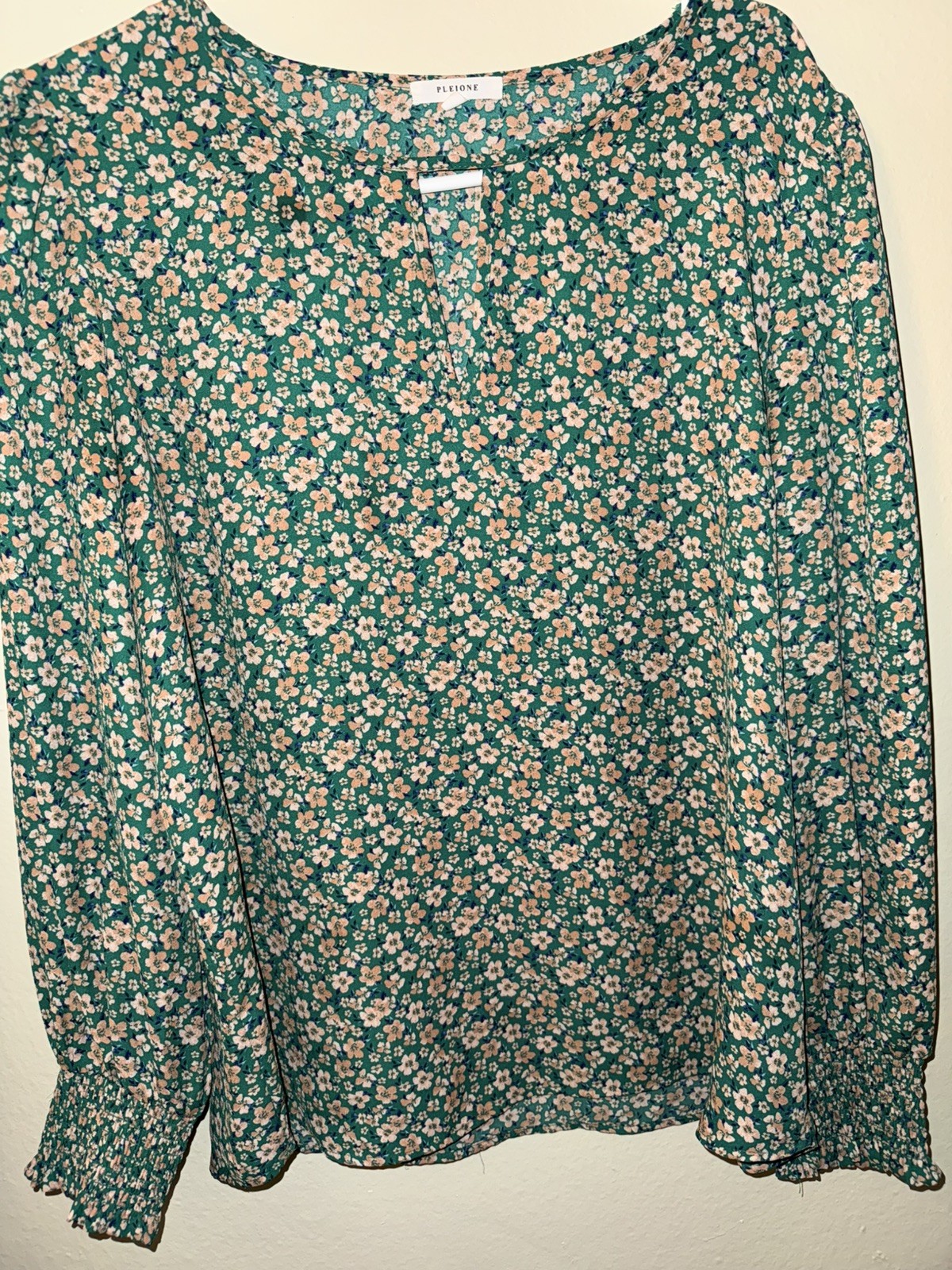 Anthropologie Pleione Green Floral Long Sleeve V-Neck Blouse Top Women\'s Large