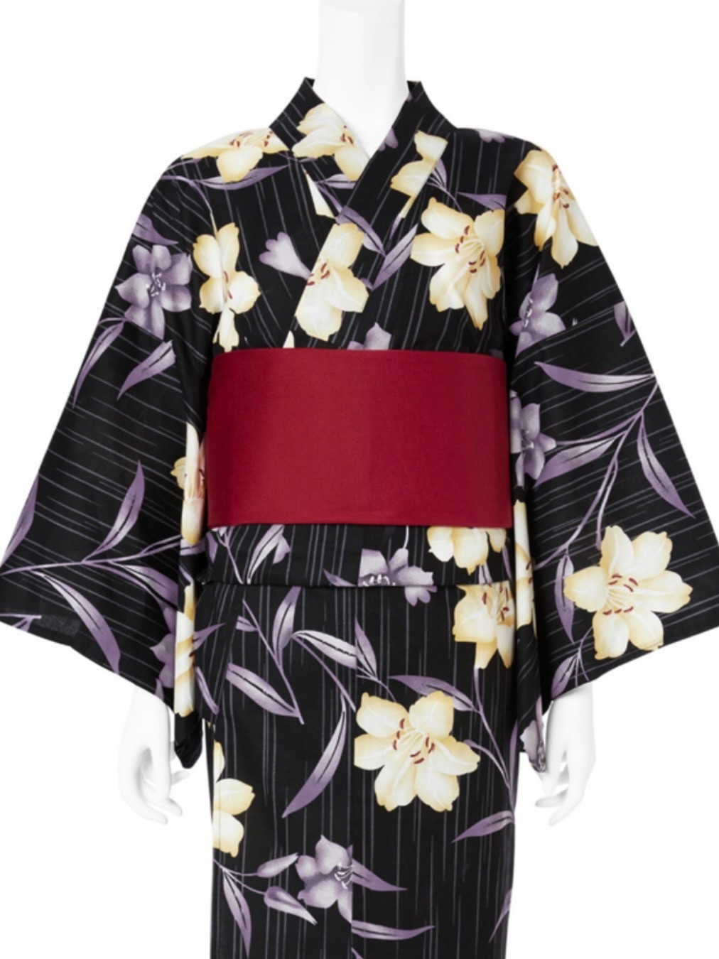 Japanese Yukata Set Women Cotton Kimono Summer Festival Lily  Navy Obi Belt