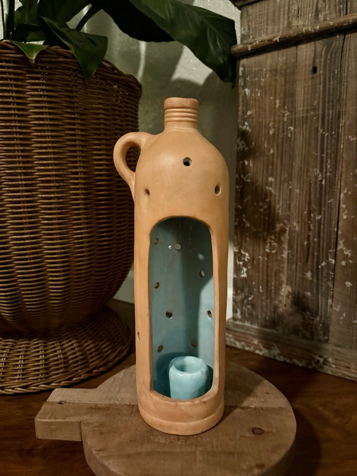 Vintage Chanticleer Pottery Terracotta Candle Lantern Jug Blue Glaze Signed