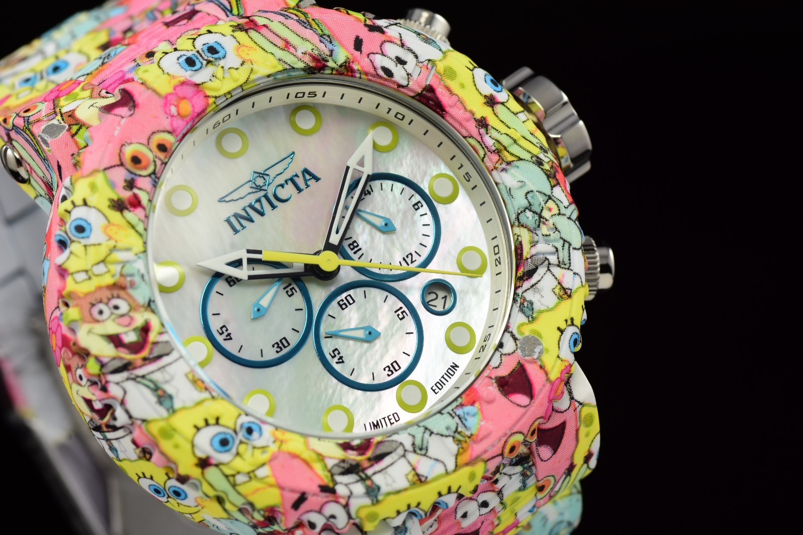 RARE Invicta Sponge Bob Sponge Bob & Friends Mens Watch MOP Dial Aqua Plating