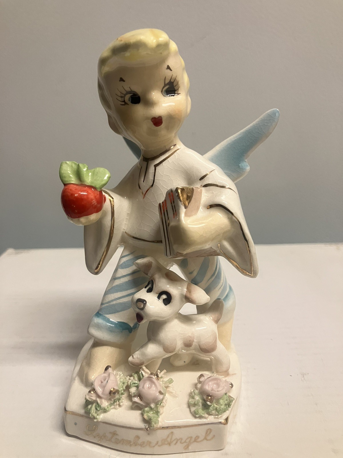 Vintage Lefton September Boy Angel With Dog Apple Birthday Vintage Lefton September Boy Angel With Dog Apple Birthday