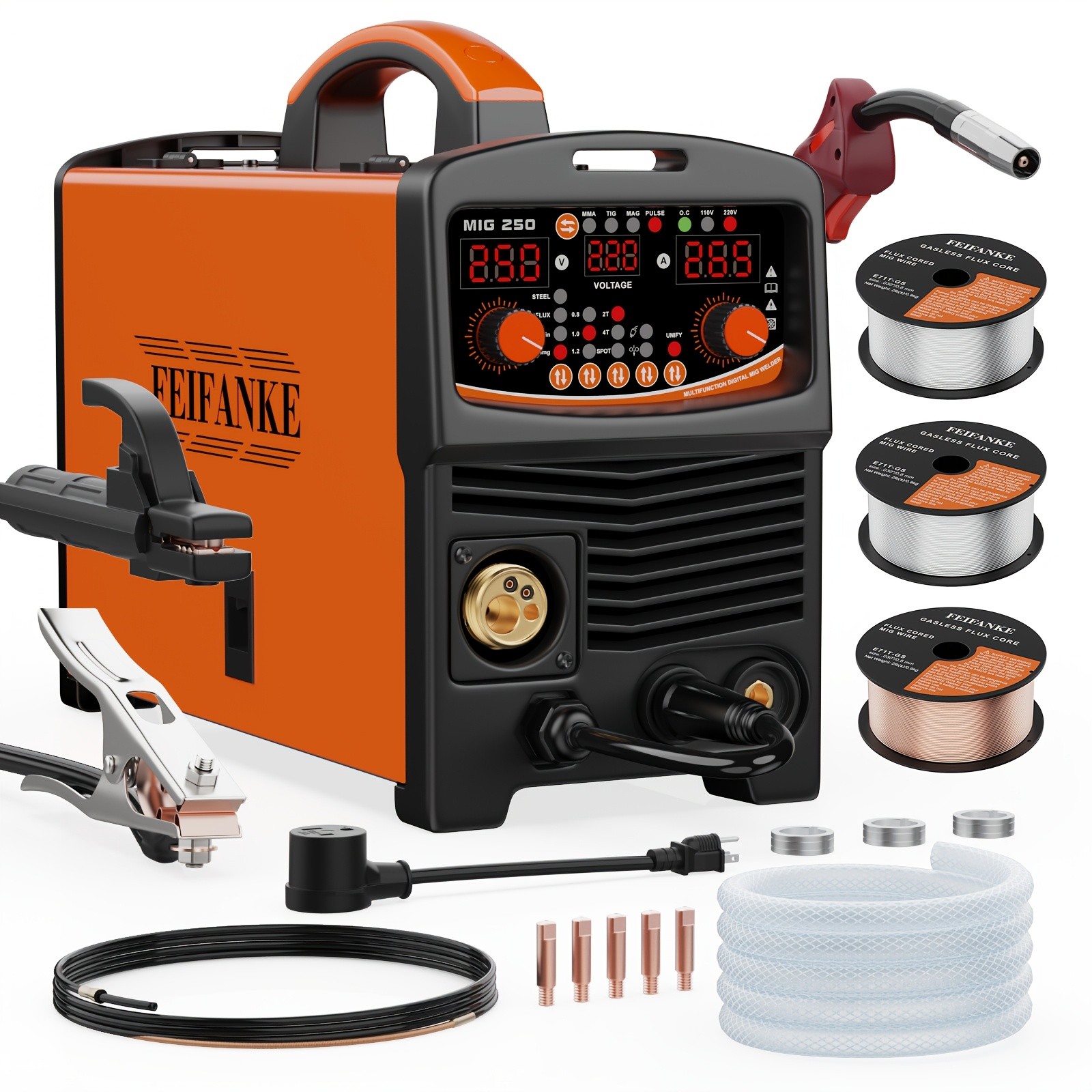 250A Aluminum MIG Welder 110V/220V, 6 IN 1 Gas MIG/Gasless MIG/Stick/Lift TIG 250A Aluminum MIG Welder 110V/220V, 6 IN 1 Gas MIG/Gasless MIG/Stick/Lift TIG