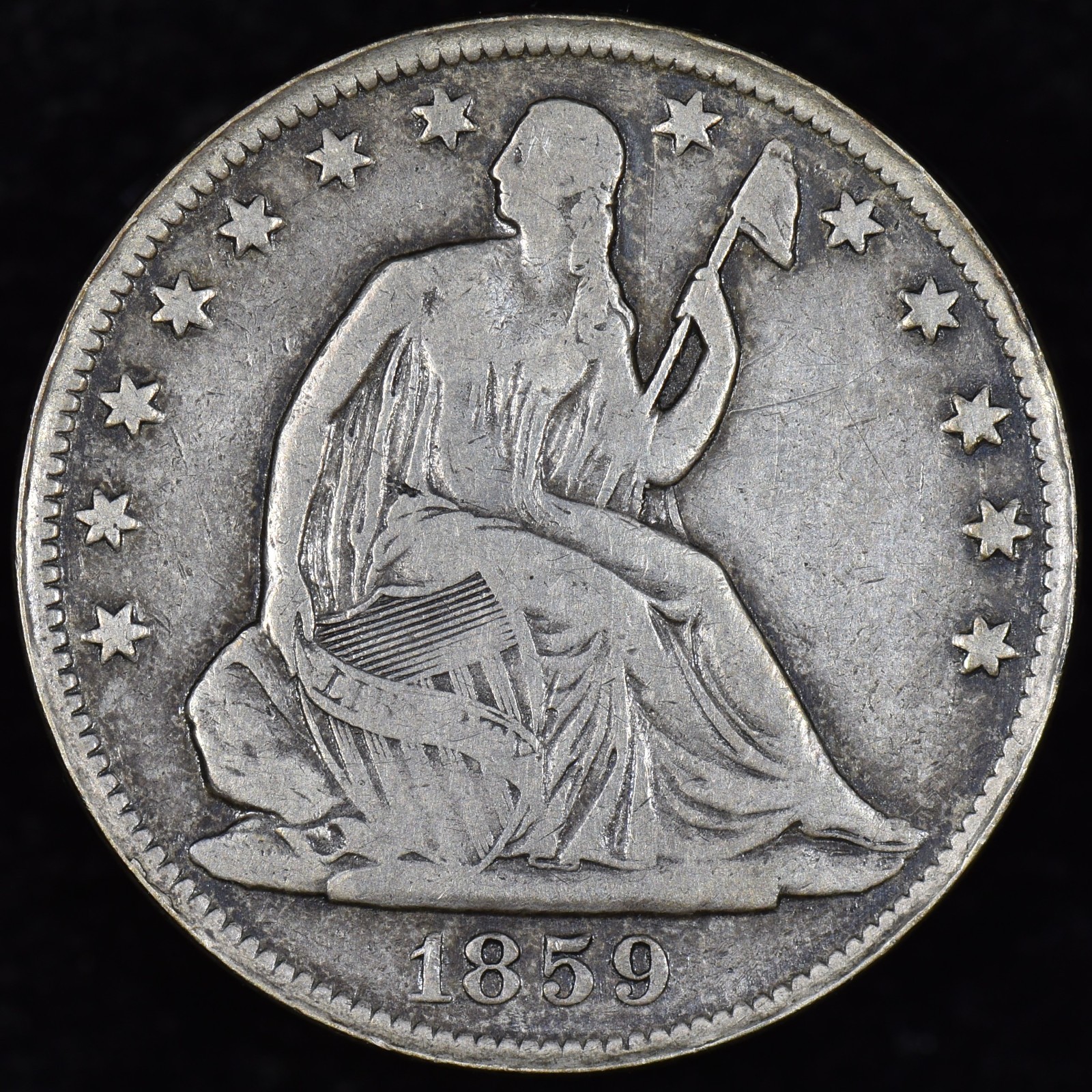 1859-O SEATED LIBERTY HALF DOLLAR ✪ VF DETAILS ✪ 50C SILVER COIN I20 ◢TRUSTED◣