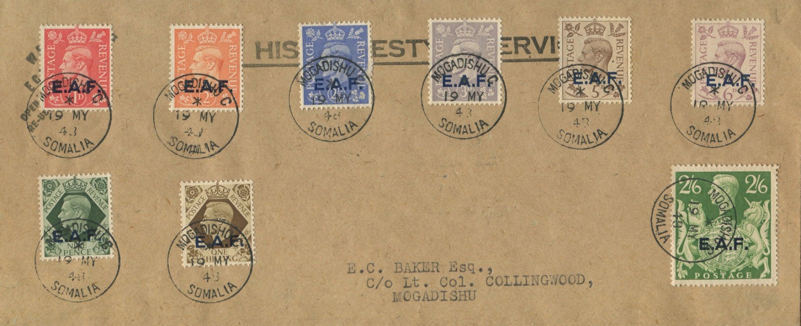BOIC SOMALIA 1943 EAST AFRICA FORCES S1/S9 ON NEAT OHMS COVER