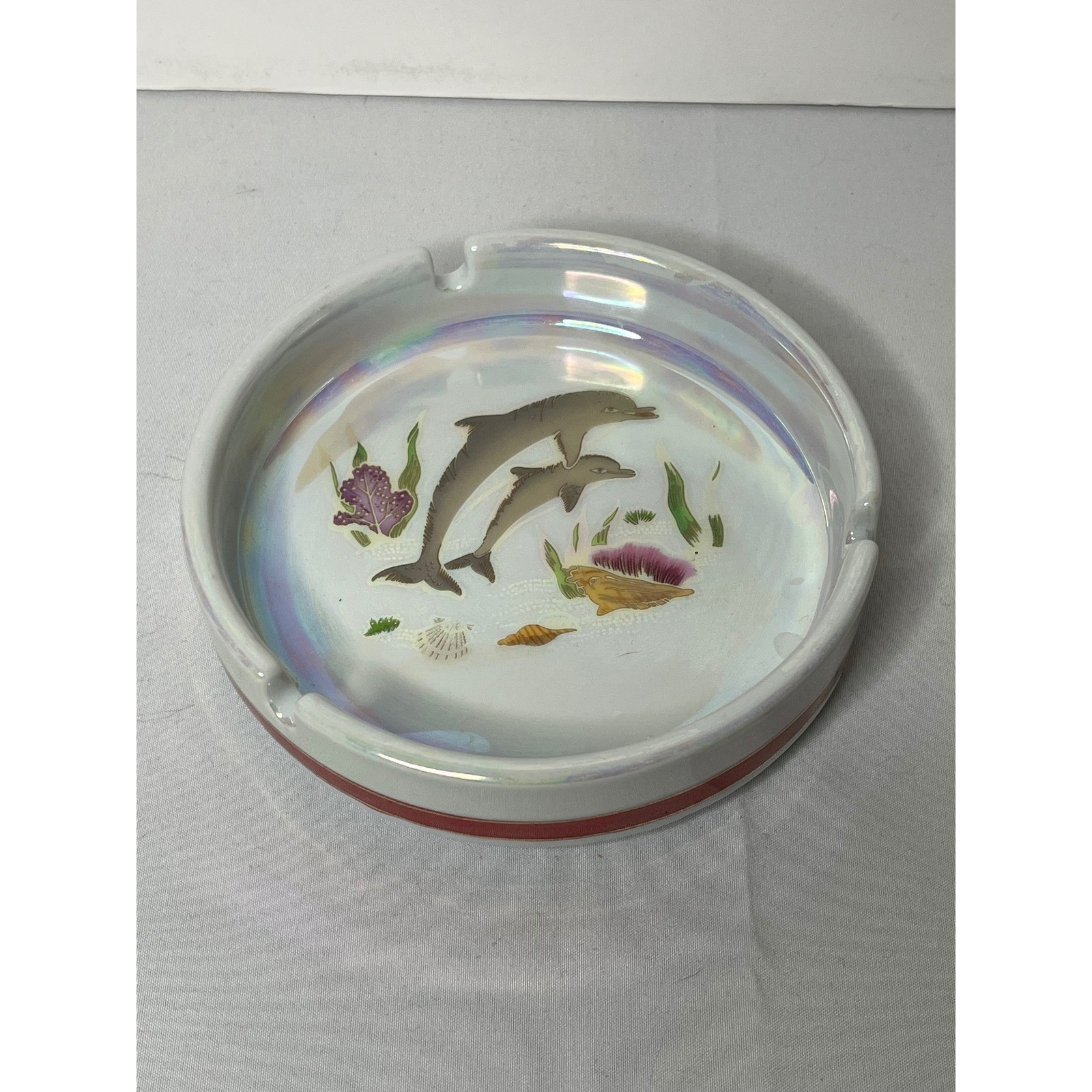 Vintage Iridescent Dolphin Ceramic Ashtray Lusterware Coastal Nautical Decor