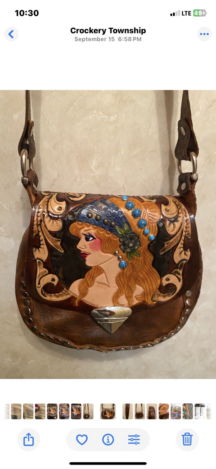 Vintage  Leather Crossbody Purse Hand Painted Lady Turquoise Settings