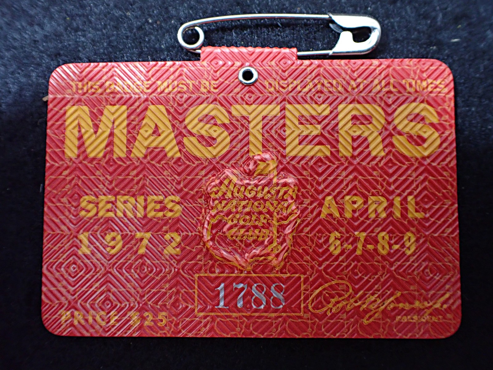 EXCELLENT 1972 Masters Series Badge Augusta National Jack Nicklaus Win #1788