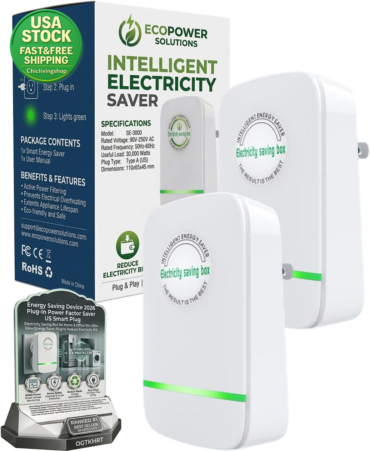 Power Factor Saver Energy Saving Device US Plug 2PCS Voltage Stabilizer Unit