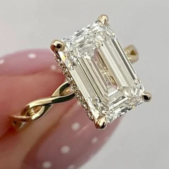 4.10Ctw Moissanite Hidden Halo Wedding Emerald Cut Ring 14K Yellow Gold Plated