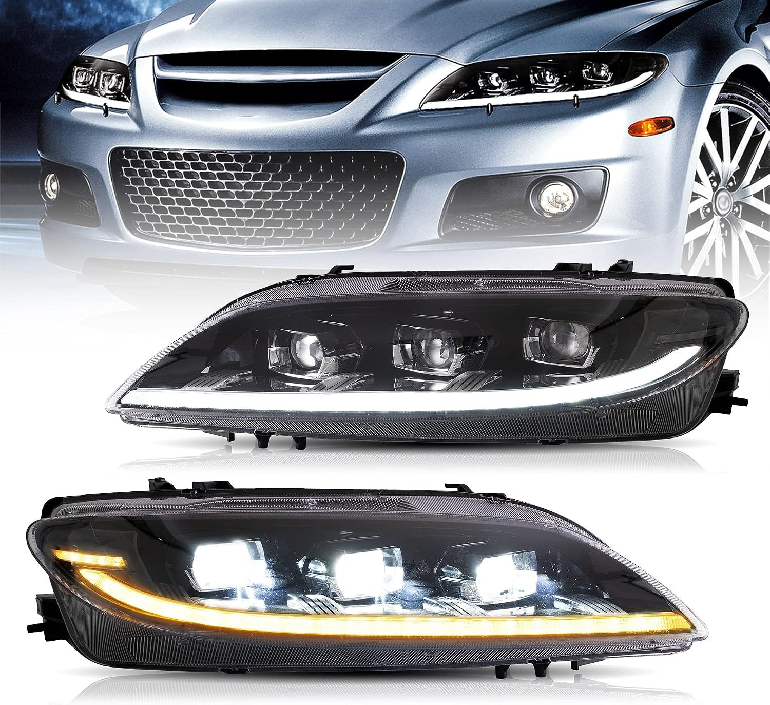 VLAND Dual Beam LED Projector Headlights For Mazda 6 2003-08 W/Sequential Signal