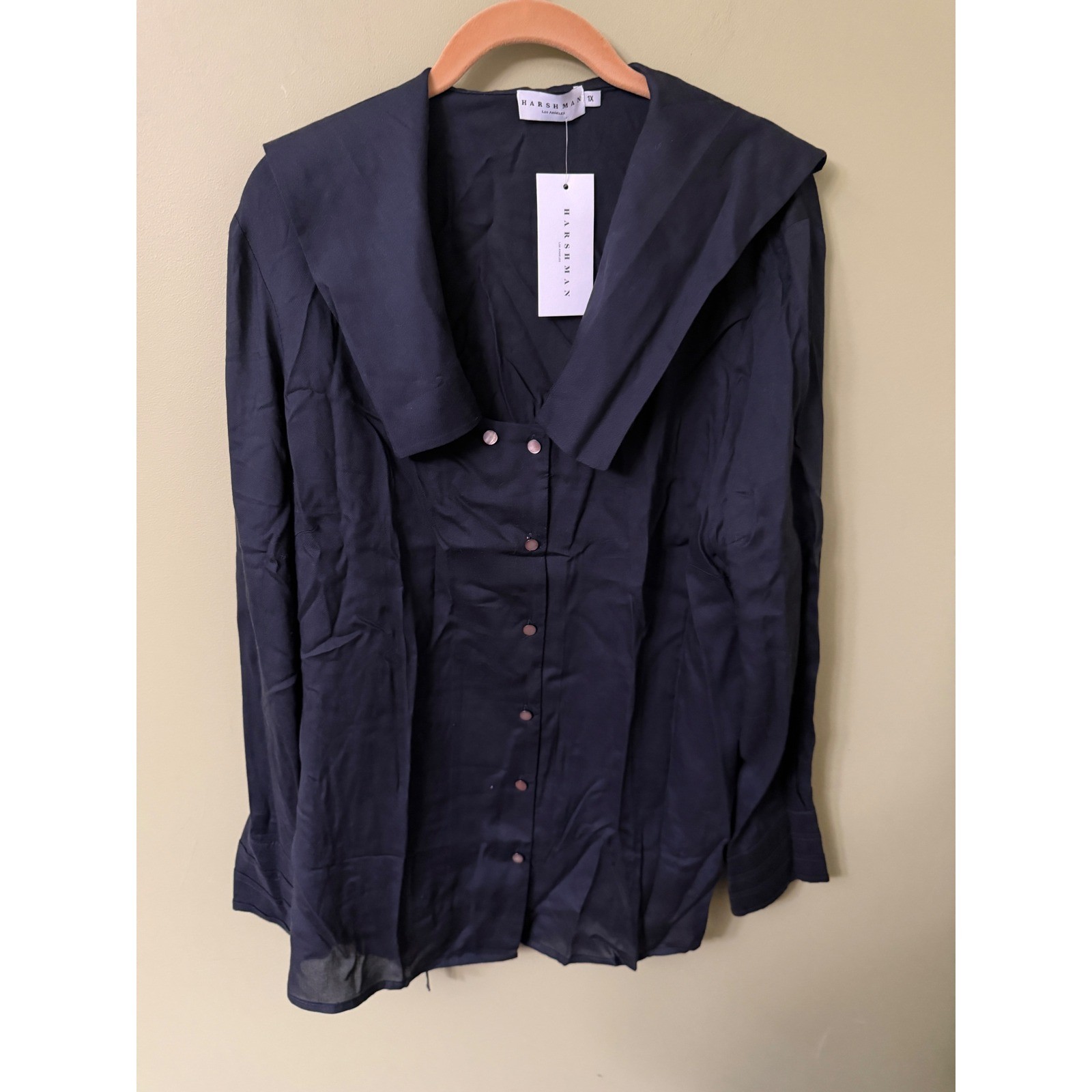 Harshman Los Angeles Navy BlackTencel Oversized Collar Button Down Blouse 1X NWT