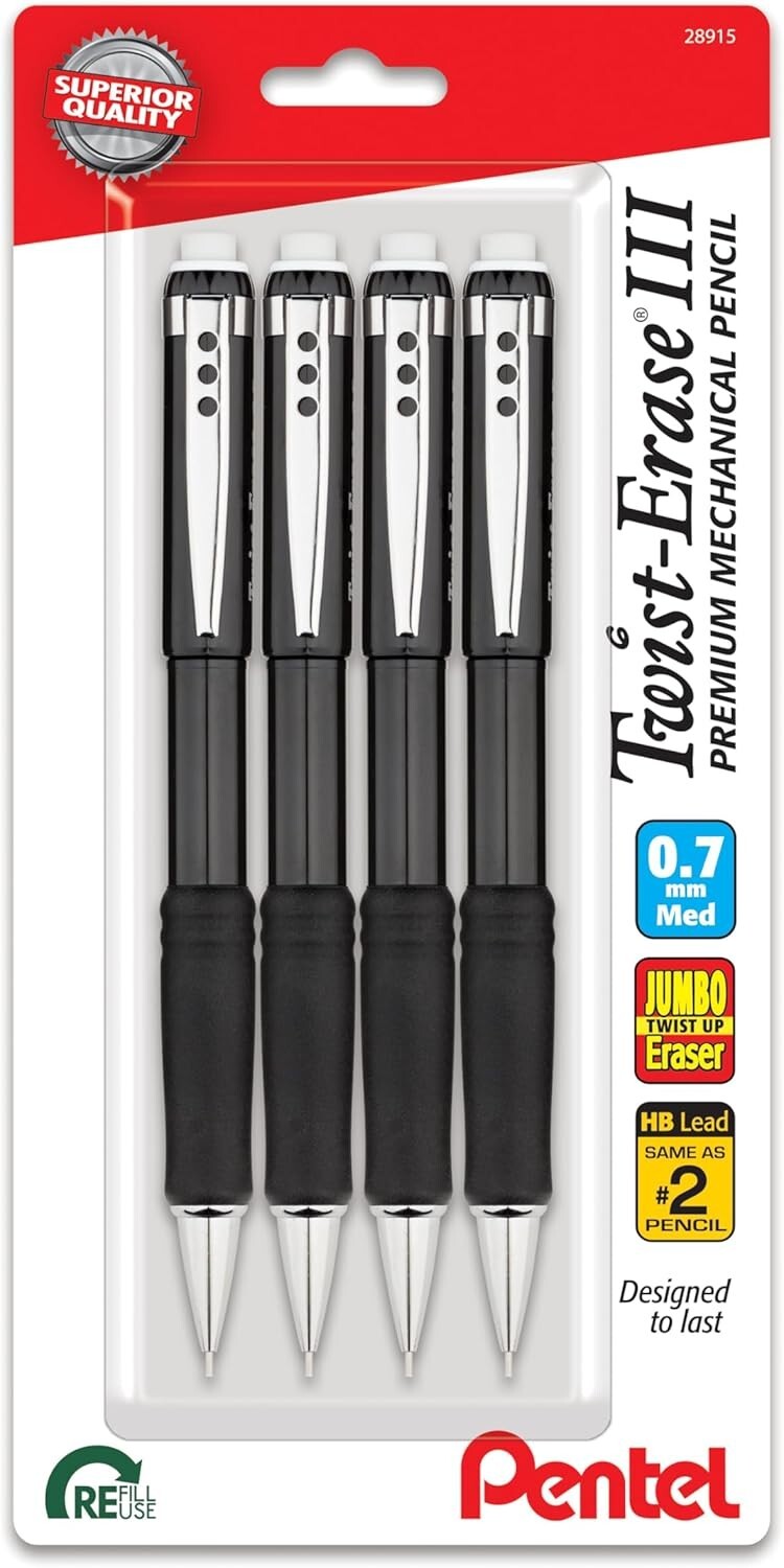 Pentel Twist-Erase III Mechanical Pencil, (0.7mm), Black Barrel, Pack of 4