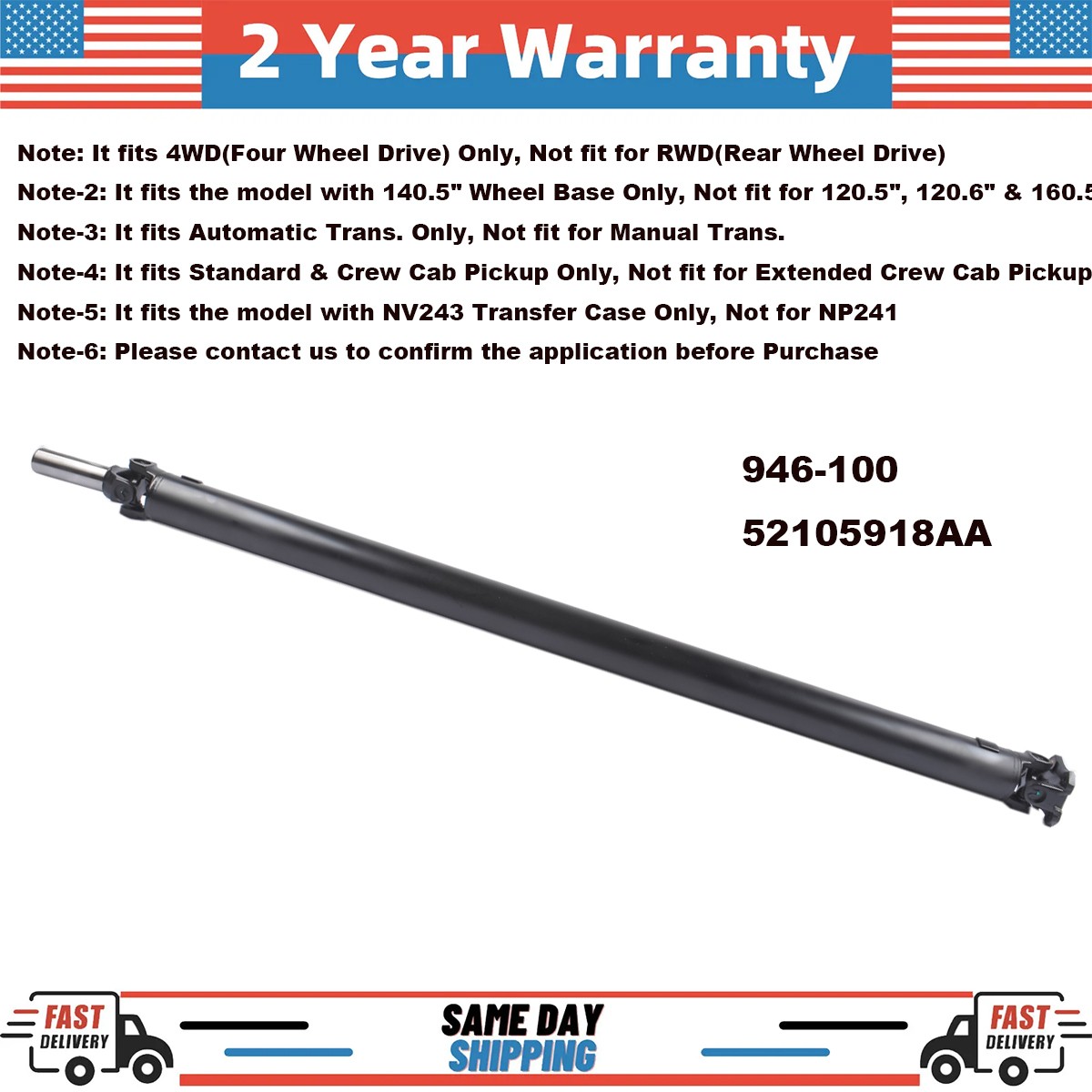 946-100 Rear Driveshaft Prop Shaft Assy for Dodge Ram 1500 4WD Automatic Trans