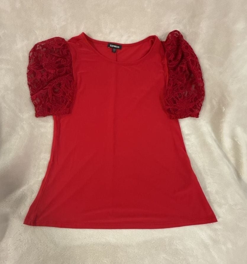 Express Lace Puff Sleeve Top Size S Red Crew Neck Blouse