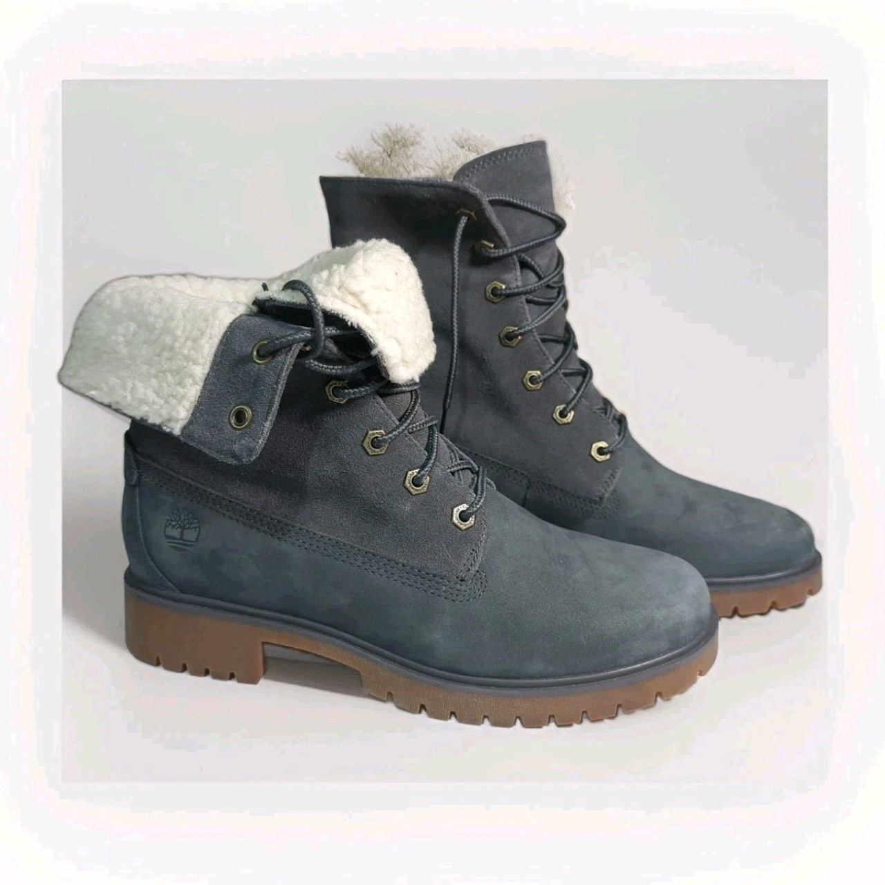 TIMBERLAND Jayne Teddy Fleece Gray Fold-Down Waterproof Boots Womens Size 7.5