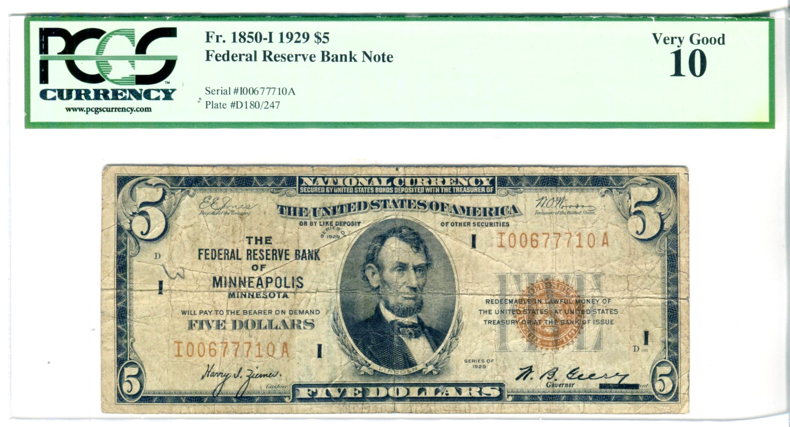 1929 $5 FRBN Federal Reserve Bank Note Minneapolis PCGS Very Good 10 #I00677710A 1929 $5 FRBN Federal Reserve Bank Note Minneapolis PCGS Very Good 10 #I00677710A