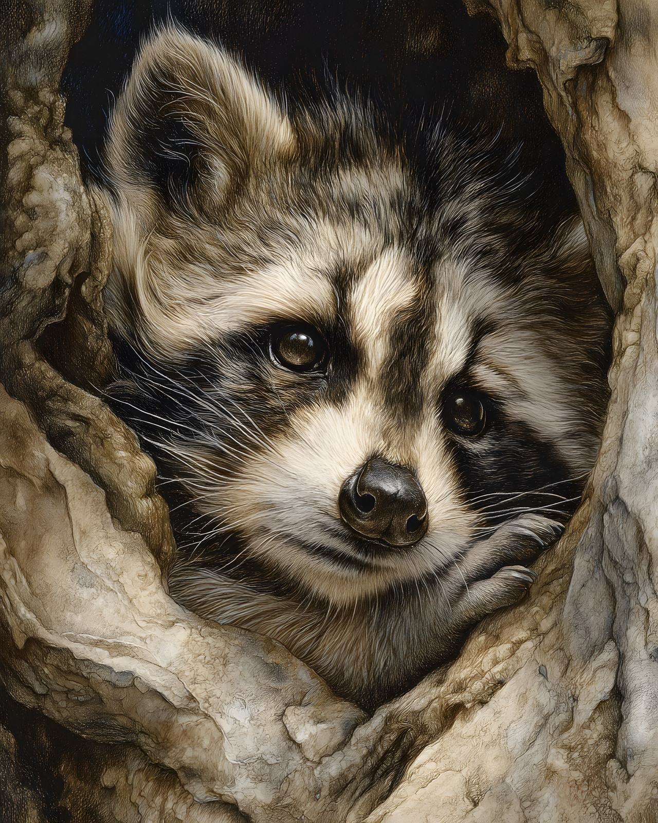 Raccoon Peeking from a Weathered Tree Hollow Print - 434841836 Raccoon Peeking from a Weathered Tree Hollow Print - 434841836