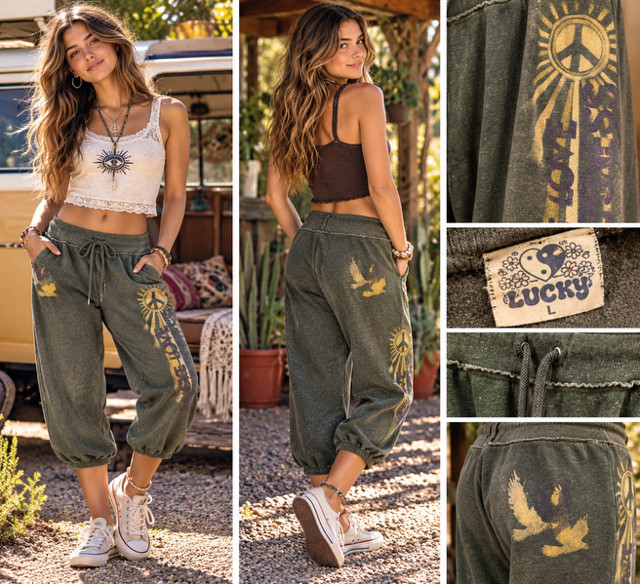 Lucky Brand Vintage Y2K 70\'s Hippie style Sweatpants Draw String Green Large