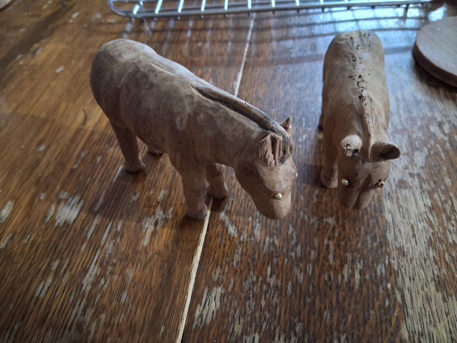 Vintage Folk Art Wood Carved Horses Metal Eyes