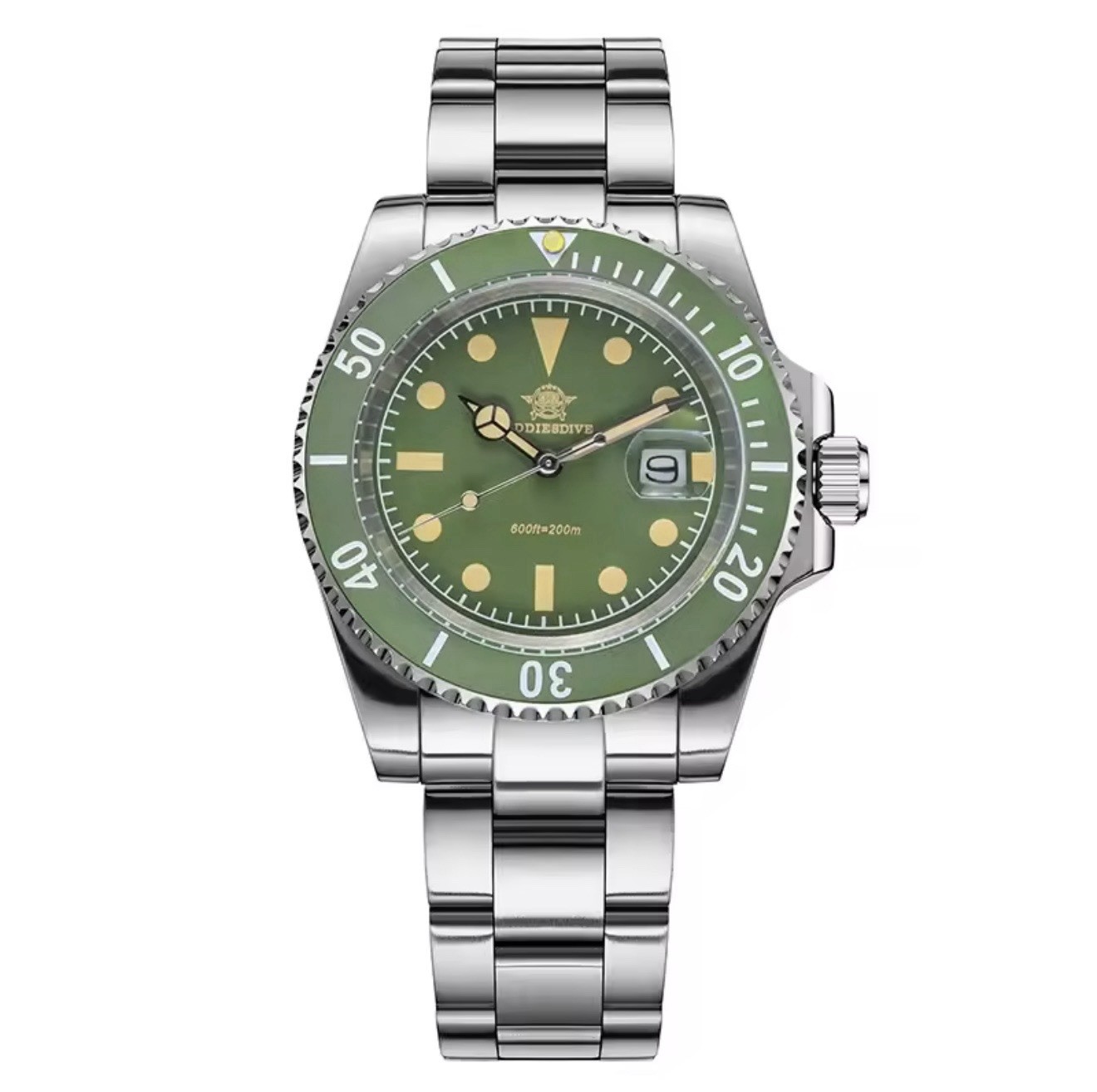 ADDIESDIVE Diver 41mm Quartz 200m Green Dial/Bezel Date Lume Steel Bracelet
