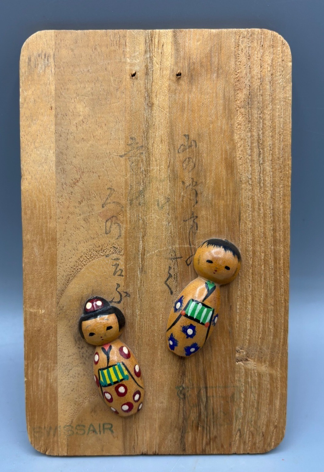 Vtg Swiss Air Wood Postcard Kokeshi Dolls Wall Art Japanese