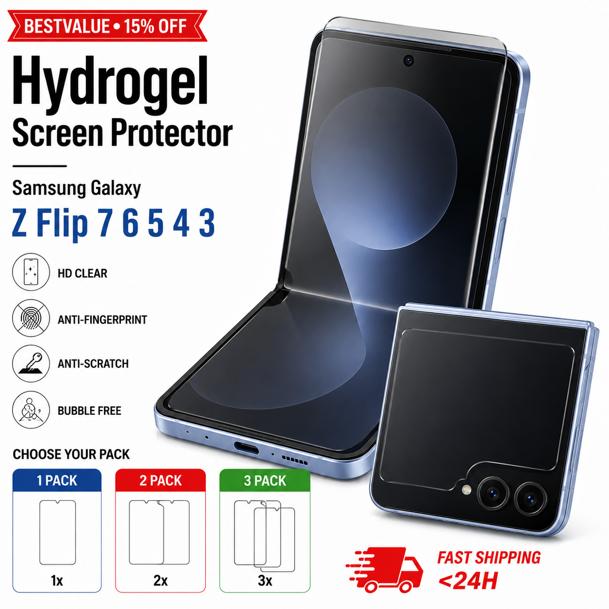 Hydrogel Screen Protector Samsung Galaxy Z Flip 7 6 5 4 3 Film 3 2 1 Pack