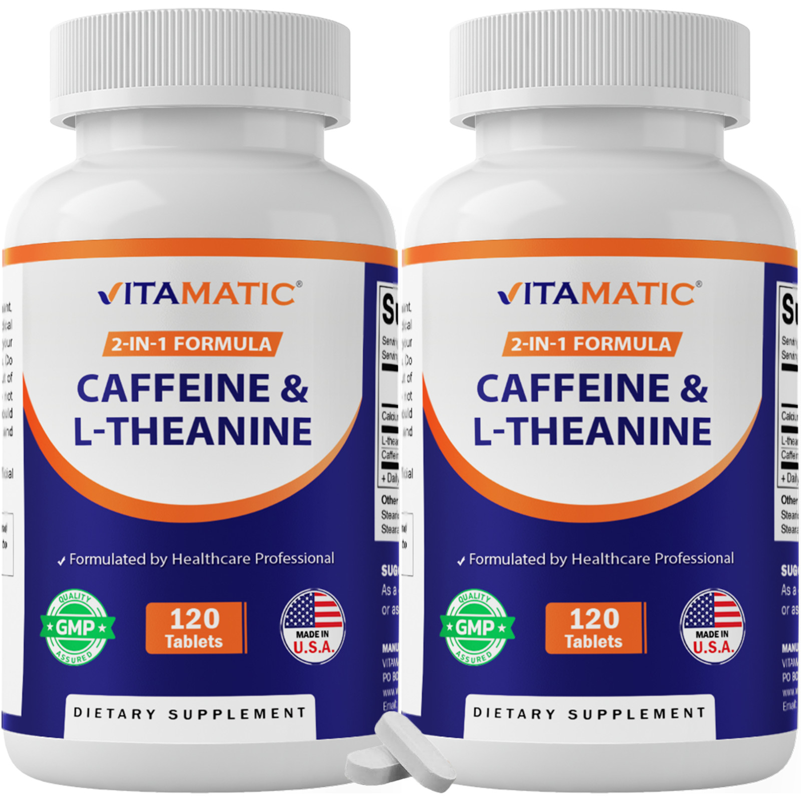 2 Packs Vitamatic Caffeine Pills with L-Theanine-300 mg per Tablet - 120 Tablets 2 Packs Vitamatic Caffeine Pills with L-Theanine-300 mg per Tablet - 120 Tablets