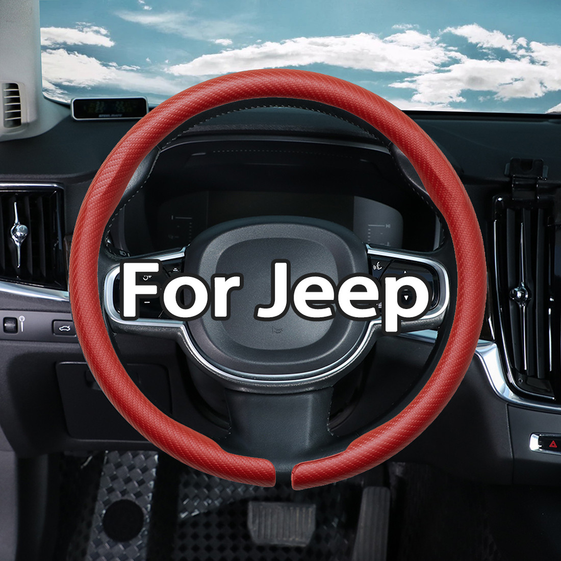 14.5-15\'\' 38CM Carbon Fiber Red Steering Wheel Cover for Jeep Flat Bottom