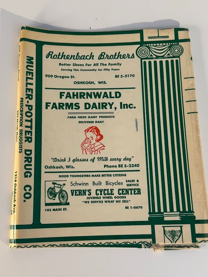 Vintage Oshkosh WI Wisconsin School Book Wrapper Fahrnwald Dairy Local Ads 1950s