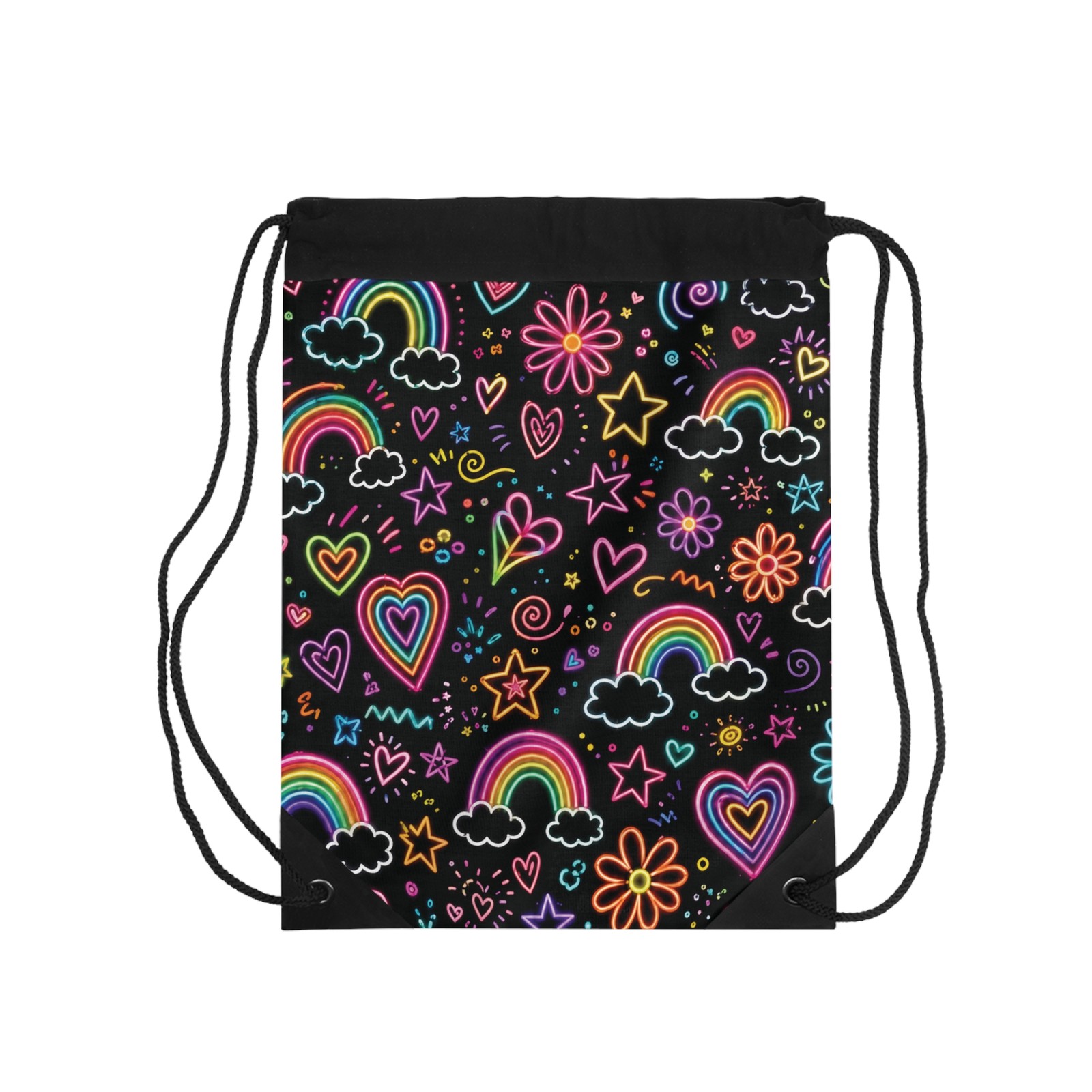 Rainbow Doodles Drawstring Bag | Neon Hearts Stars Clouds
