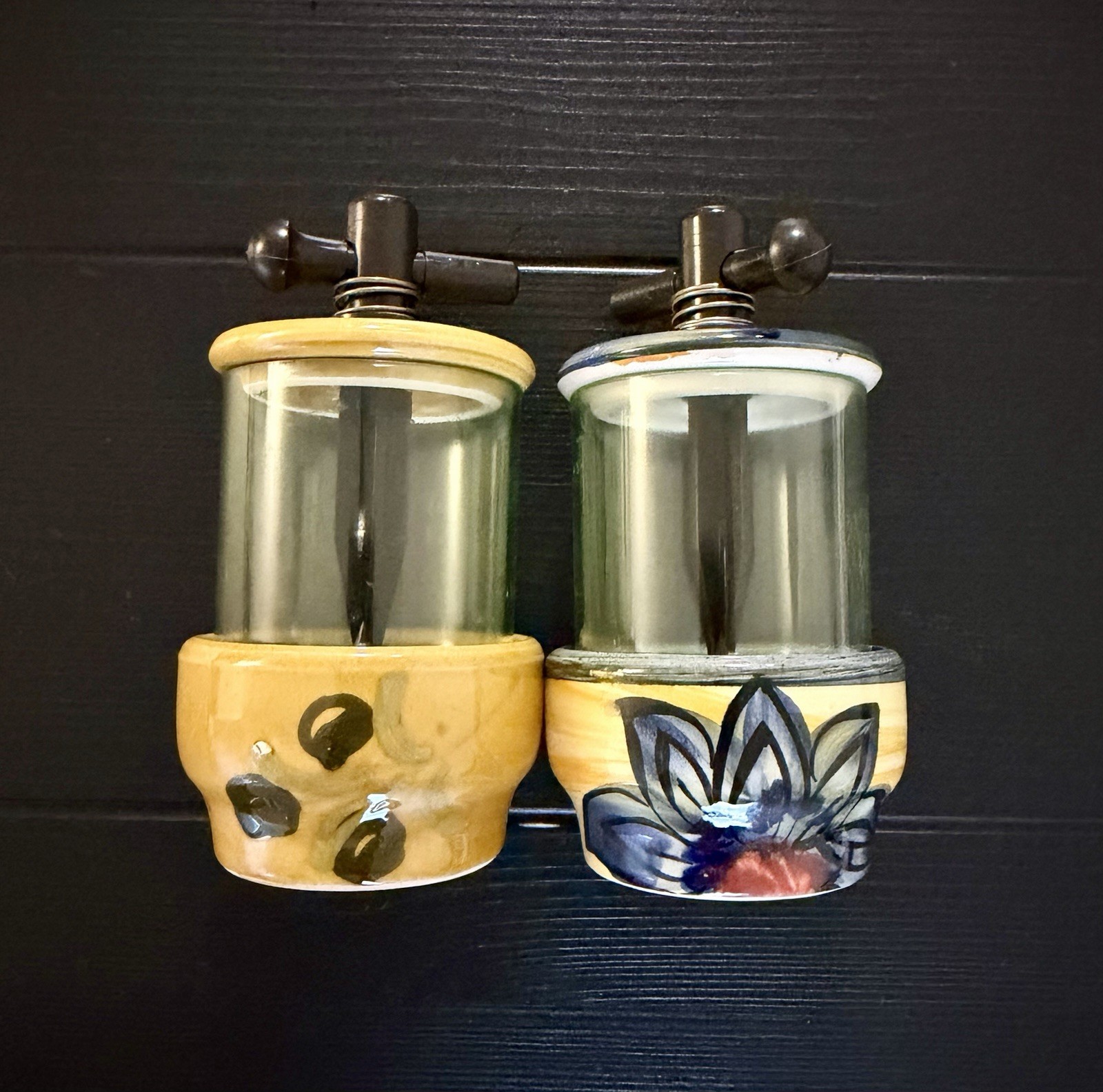 Vintage French Manual Herb Grinder Ceramic/Acrylic Set of 2 Hand Painted