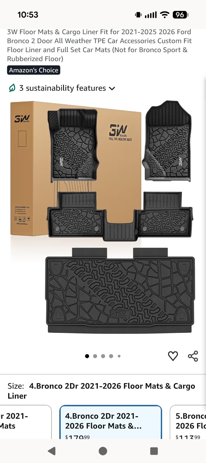 3W Floor mats W/Cargo for 21-26 Ford Bronco 2 Door Not For Sport or Rubber Floor