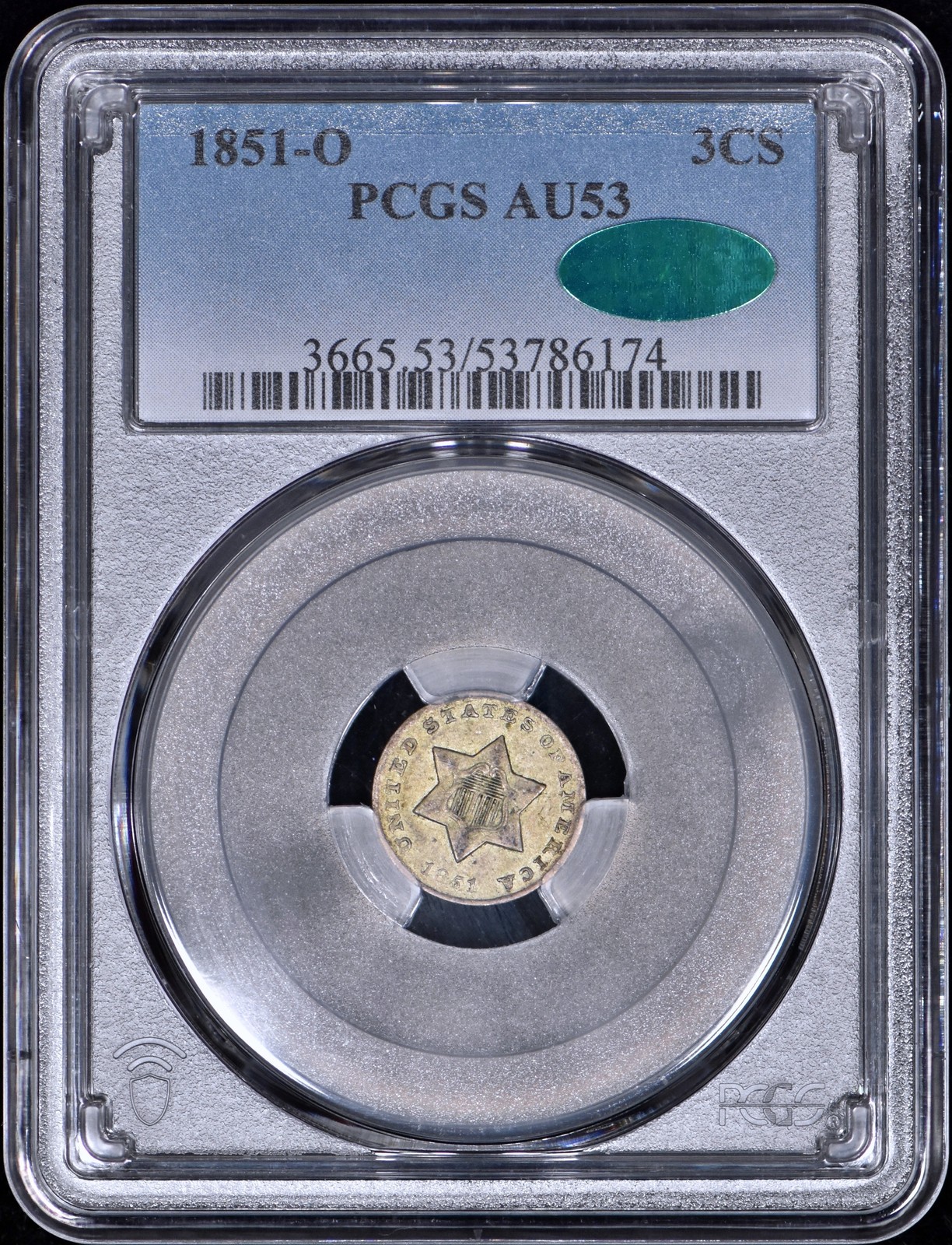 1851-O Three Cent Silver 3CS PCGS AU53 CAC - Perfect AU