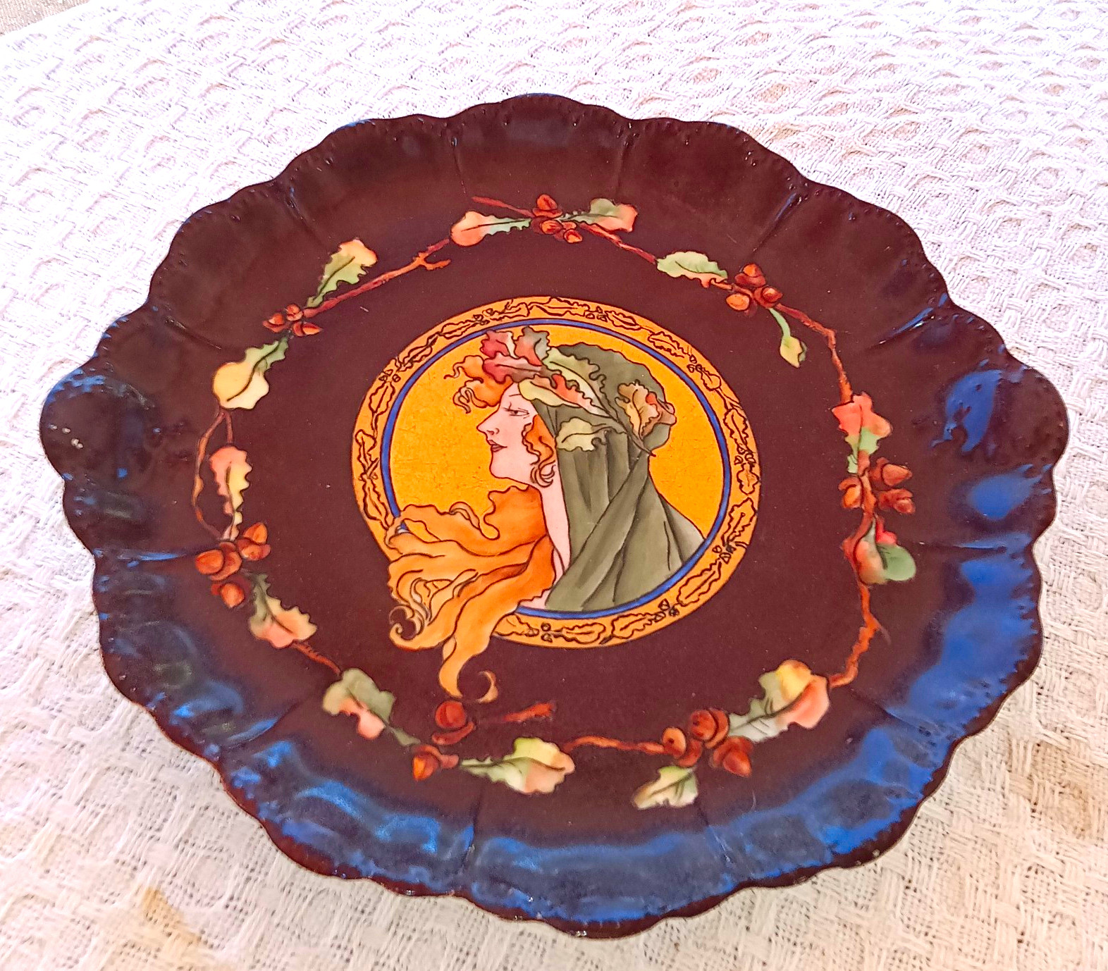 ANTIQUE ART NOUVEAU HAND PAINTED PORCELAIN ALPHONSE MUCHA STYLE PLATE Charger