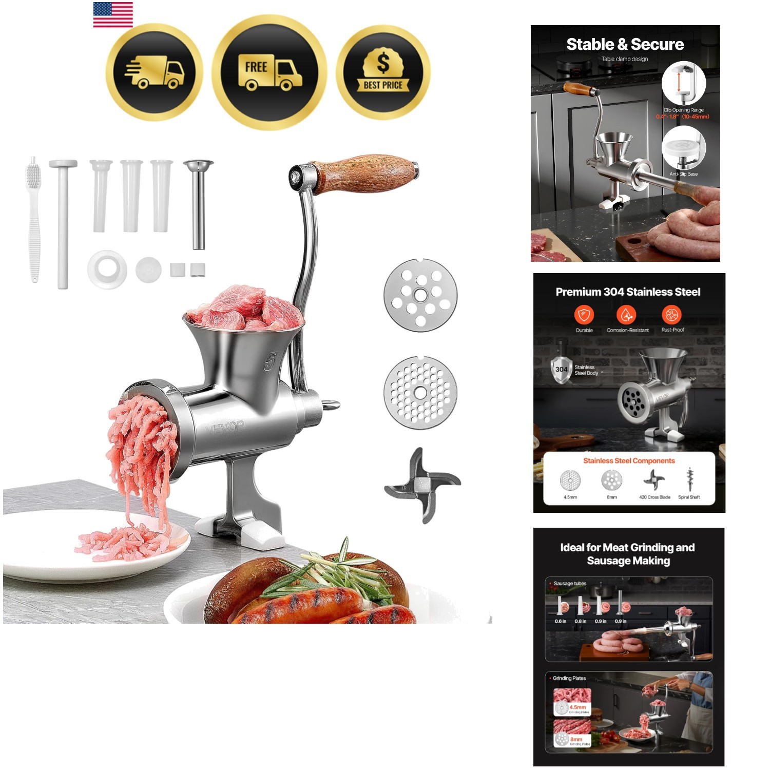 Manual Meat Grinder, 304 Stainless Steel Hand Crank Meat Mincer with Steel Ta...