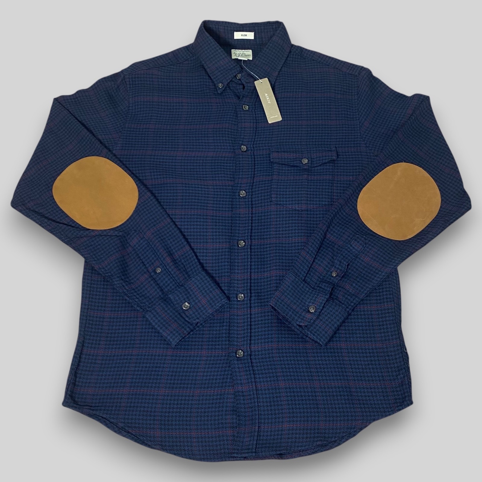 J.Crew Slim Fit Men\'s M Navy Plaid Wool Blend Button Up Shirt Elbow Patches