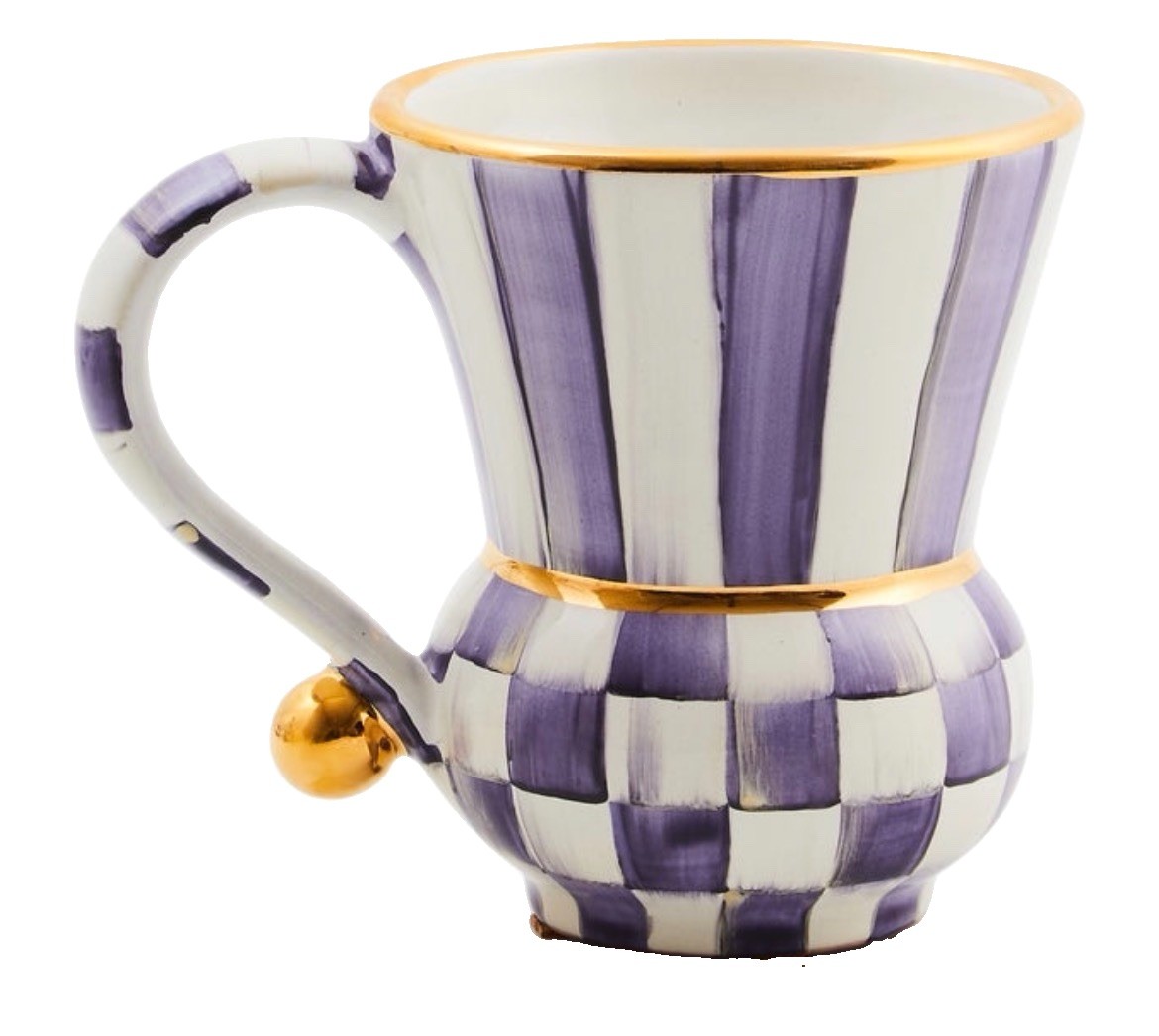 Mackenzie Childs Violet Check Ceramic Mug -14 Oz Capacity
