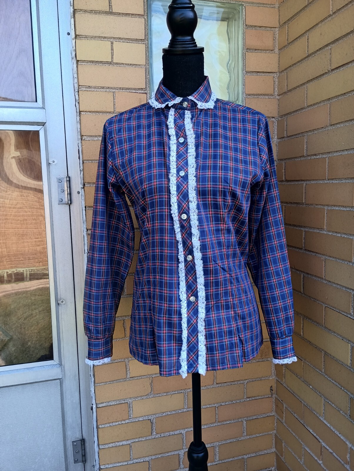 Vintage JC Penney Blouse Small Plaid Lace 70s Cottagecore Victorian