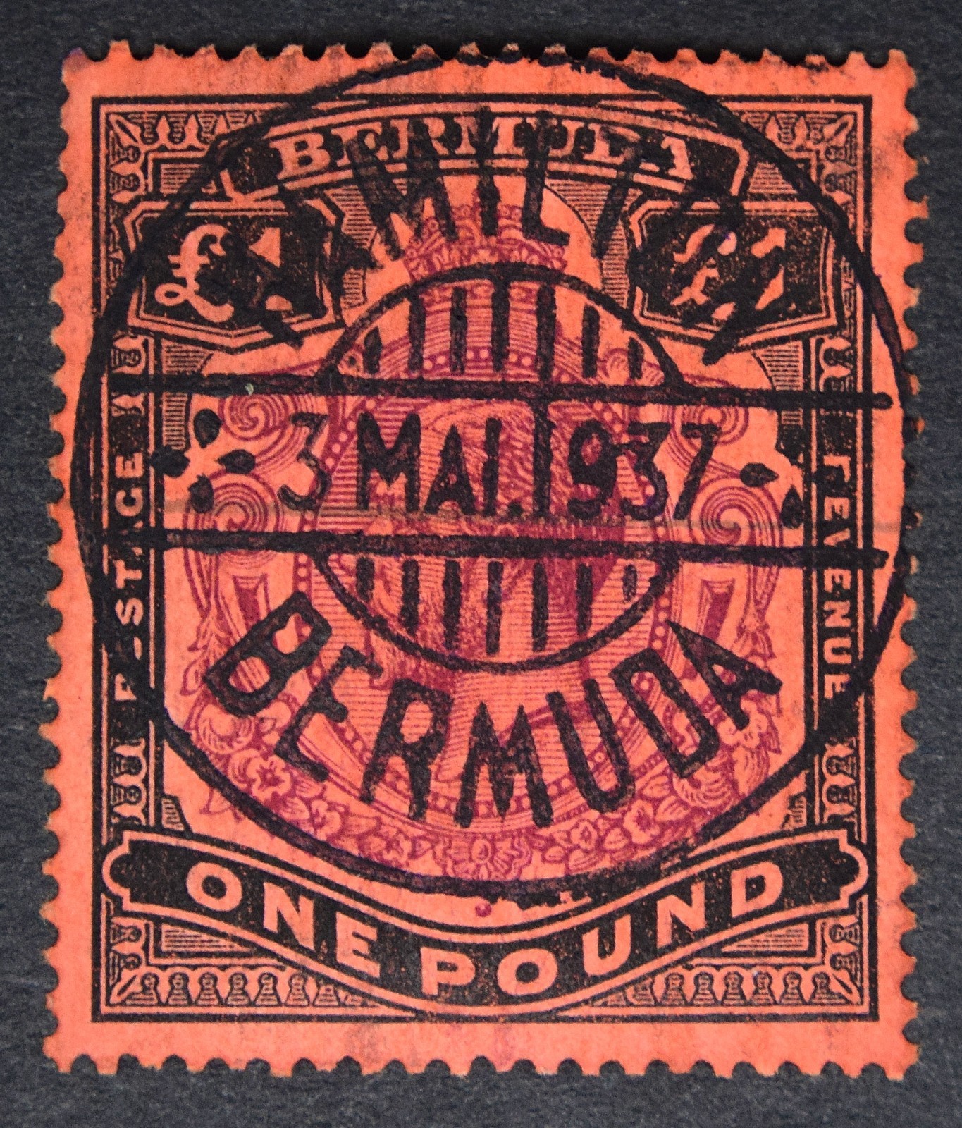 BERMUDA SG55 1918 KGV £1 Purple & Black /Red, Wmk Multi Crown, VFU, Cat £450 BERMUDA SG55 1918 KGV £1 Purple & Black /Red, Wmk Multi Crown, VFU, Cat £450