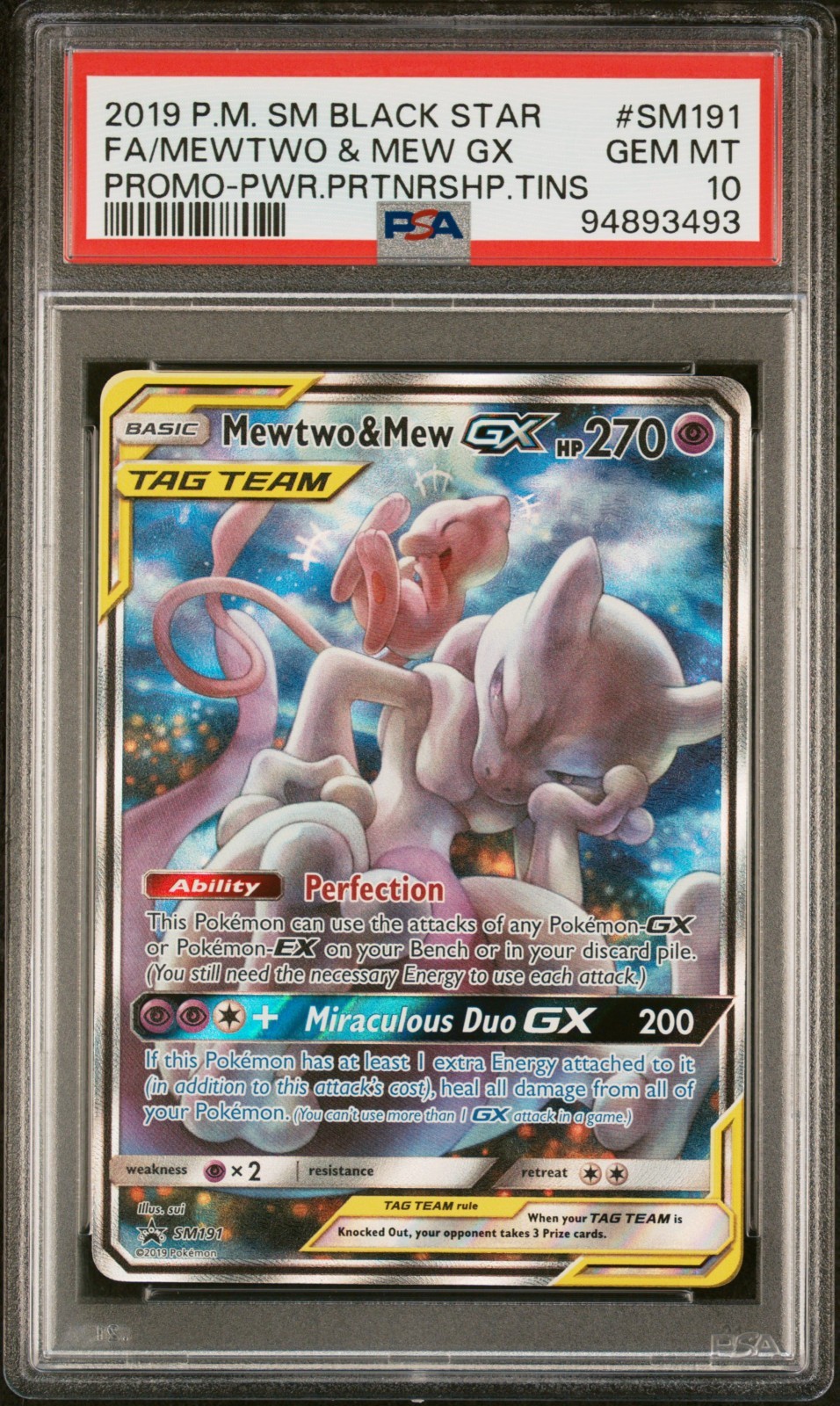 2019 POKEMON SM BSP MEWTWO & MEW GX #SM191 POWER PARTNERSHIP TINS PSA 10 GEM MT