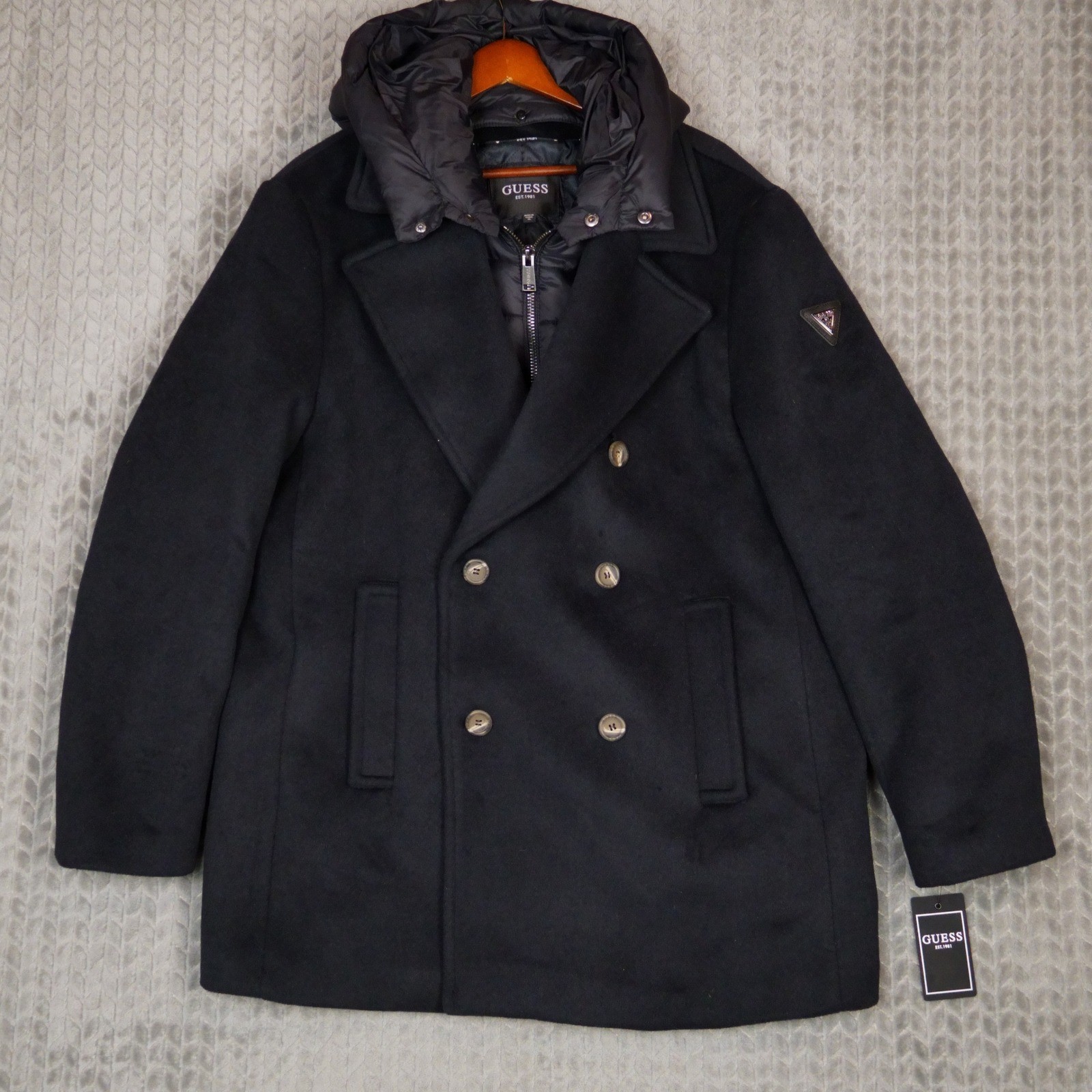 NWT Guess Jeff Peacoat Mens XL Navy Sea Hooded Quilted Bib Double Breasted