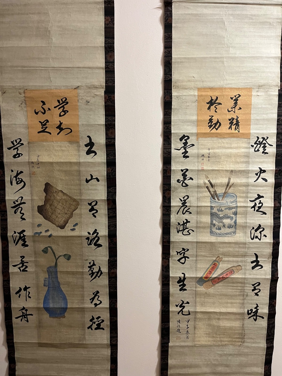 Antique Chinese Hanging Scroll Pair Calligraphy Scholar Objects Hand Painted
